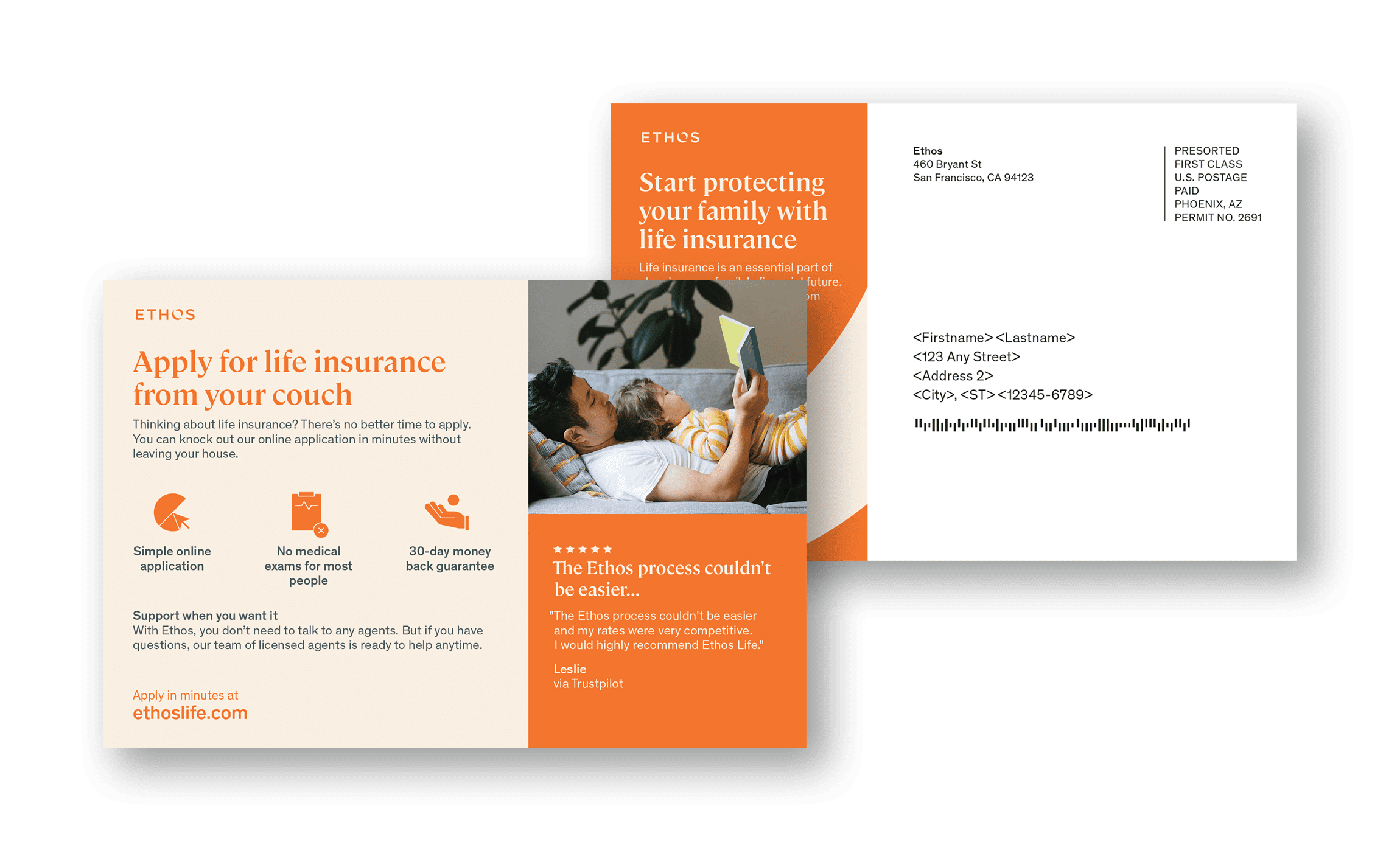 Professional direct mail marketing materials including postcards, letters, and envelopes