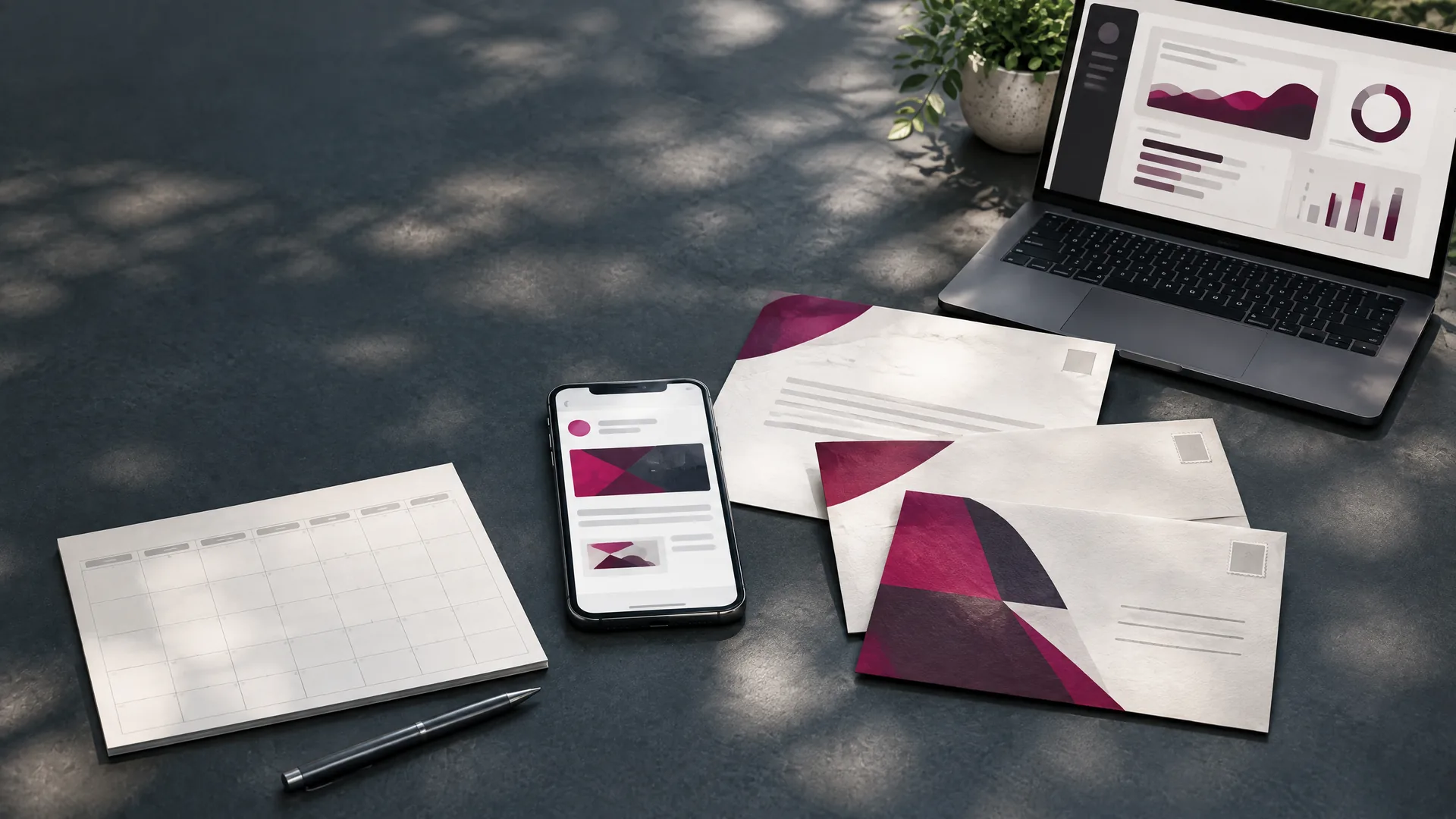 Email preview, USPS mail preview, and matching direct mail postcard shown as one coordinated campaign